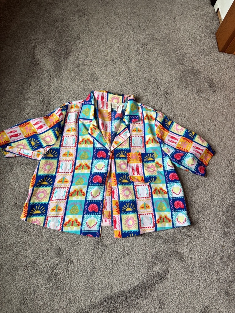 Cynthia Rowley Printed Pajama Set SIZE L Colorful Button Down Top & Shorts - Picture 2 of 10